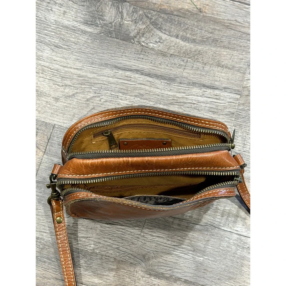 Patricia Nash Tan Leather Triple Compartment Crossbody Bag Small Camera Bag